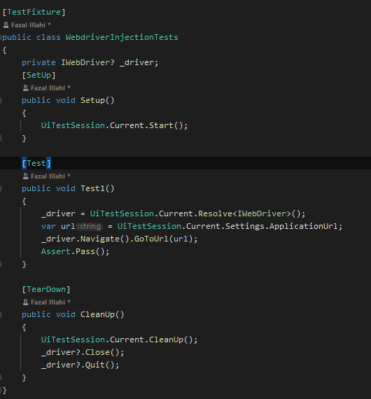 Test example showing WebDriver injection