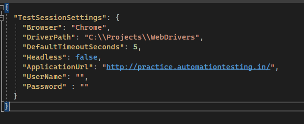 test-settings.json configuration file